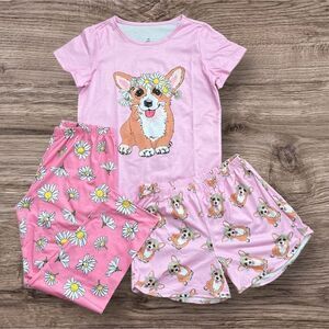 Pink Corgi Pajama Set with Cartoon Design and Daisies 3 Piece Set Size 8 - 9 Y